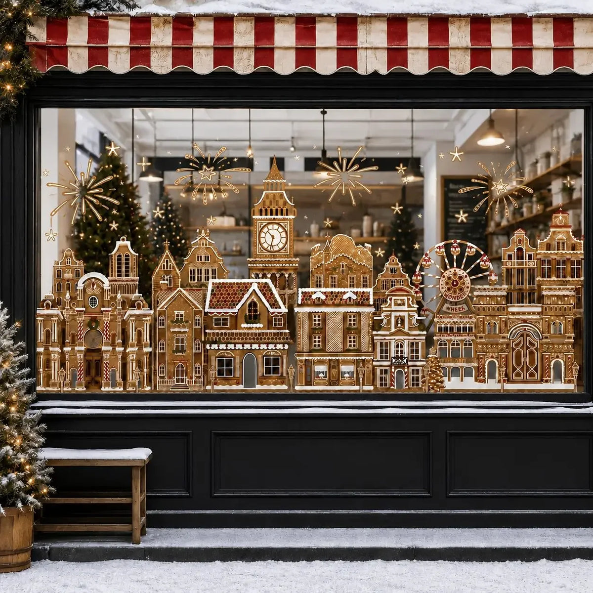 A display of intricate gingerbread houses and festive decorations visible through a large window.