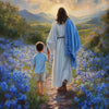 A woman with long dark hair and a blue shawl guides a young boy down a path filled with blue wildflowers under a sunset sky.