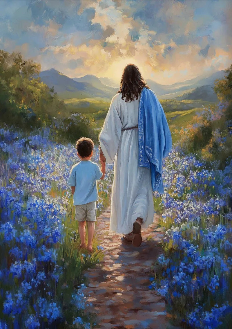 A woman with long dark hair and a blue shawl guides a young boy down a path filled with blue wildflowers under a sunset sky.