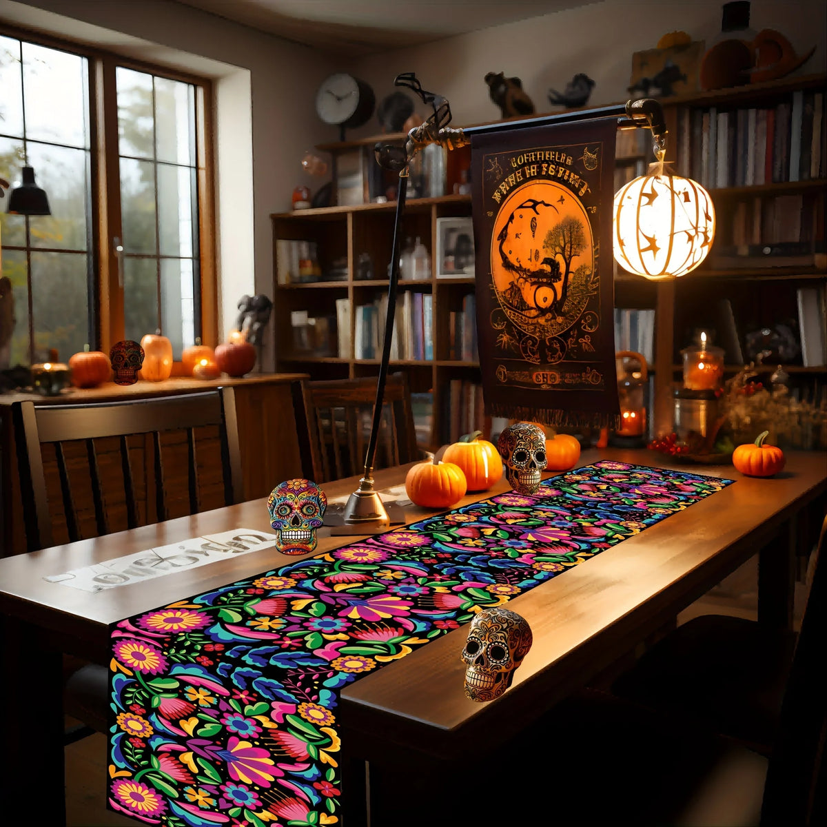 A vibrant floral linen table runner with skulls and pumpkins displayed on a wooden table.