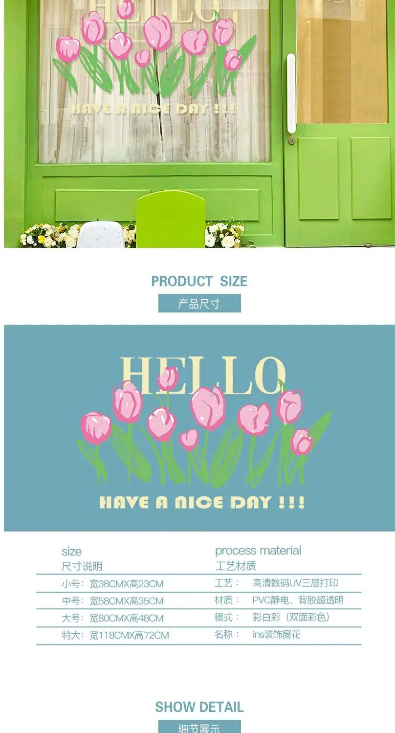 Pink tulip window decals featuring the text HELLO and HAVE A NICE DAY!!!