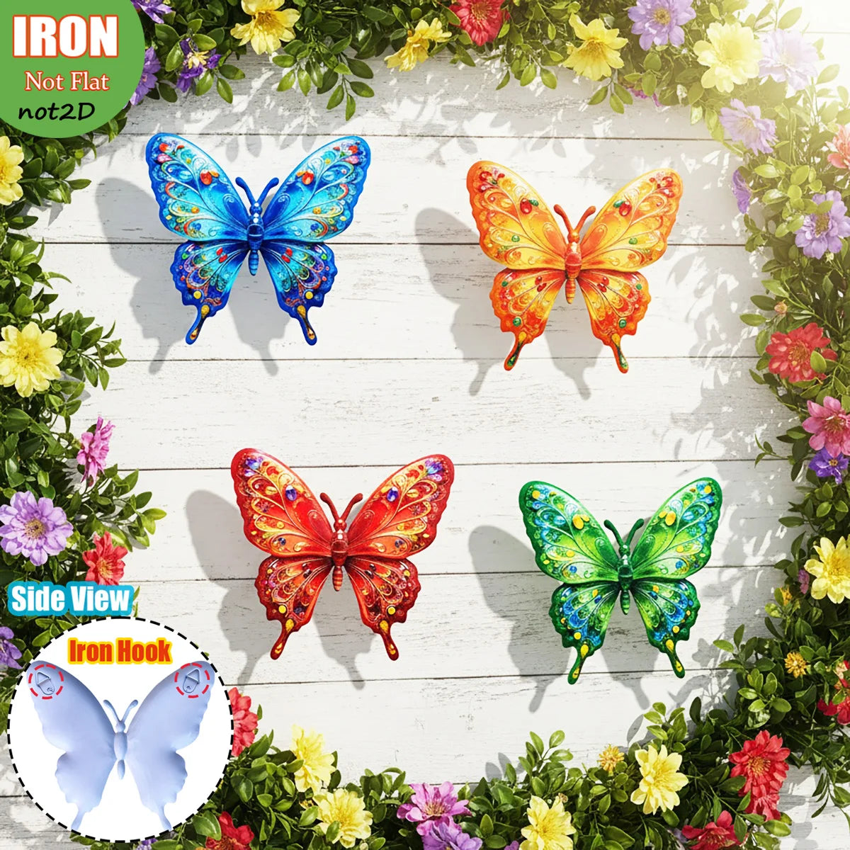 Set of four vibrant metal butterfly wall art decor in various colors and angles displayed on a wooden surface surrounded by g