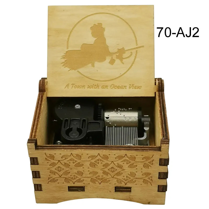 A wooden music box featuring a silhouette of a figure and waves, labeled 70-AJ2.