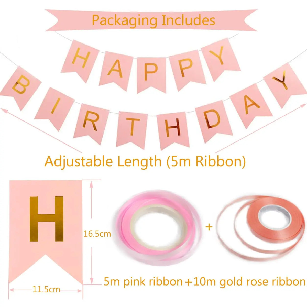 Pink and gold birthday banner set including 5m pink ribbon and 10m gold rose ribbon