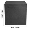 A square, dark gray decorative metal piggy bank with a rectangular slot on top.