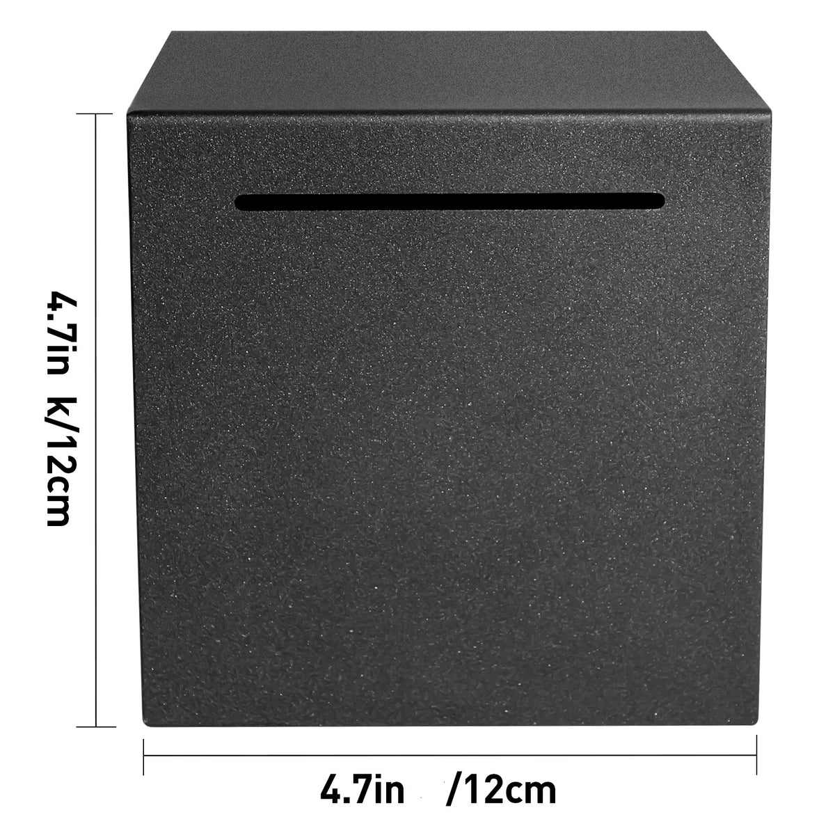 A square, dark gray decorative metal piggy bank with a rectangular slot on top.