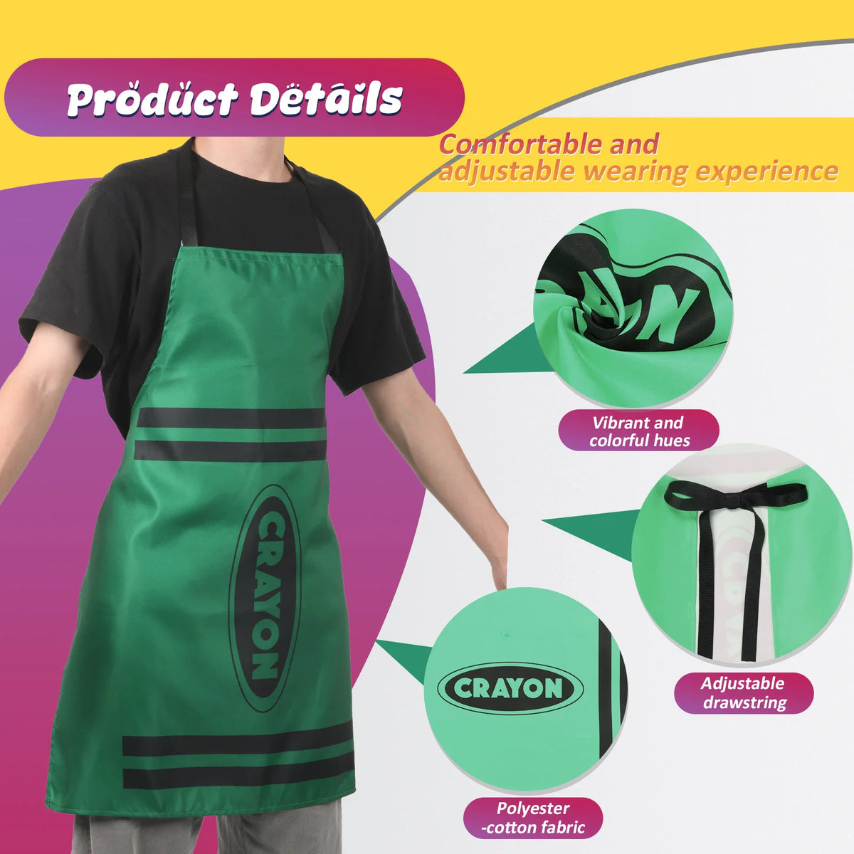 A person wearing a green crayon apron and cone hat costume set with black accents.