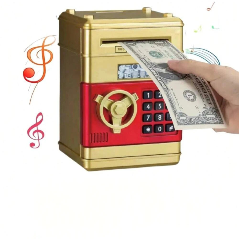A hand is inserting a banknote into a gold and red ATM-style piggy bank with an electronic lock.