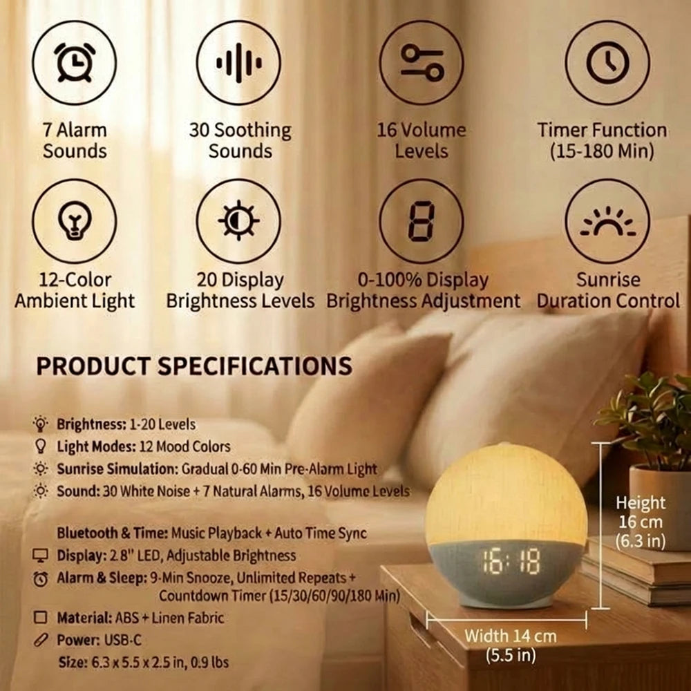 A digital sunrise alarm clock with white noise and night light displaying the time 16:18 on a wooden surface.