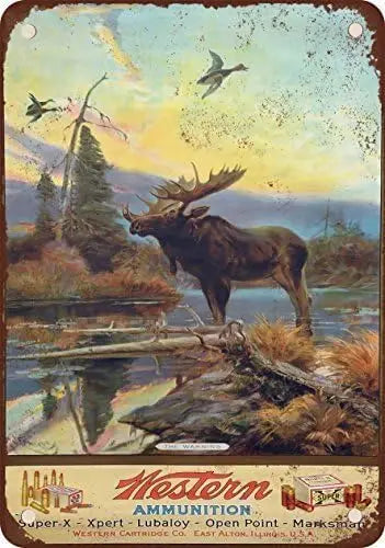 Vintage Western Ammunition and Moose Metal Tin Sign featuring a silhouette of a moose.