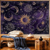 A dark purple tapestry featuring gold crescent moons, suns, and stars against a starry night sky.