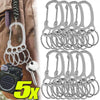 A set of five stainless steel keychains with multi-loop designs displayed next to a camera.