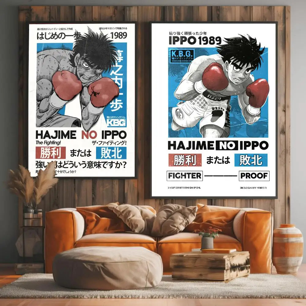 A poster featuring a manga style illustration of a boxer with red gloves and intense expression, titled Hajime no Ippo