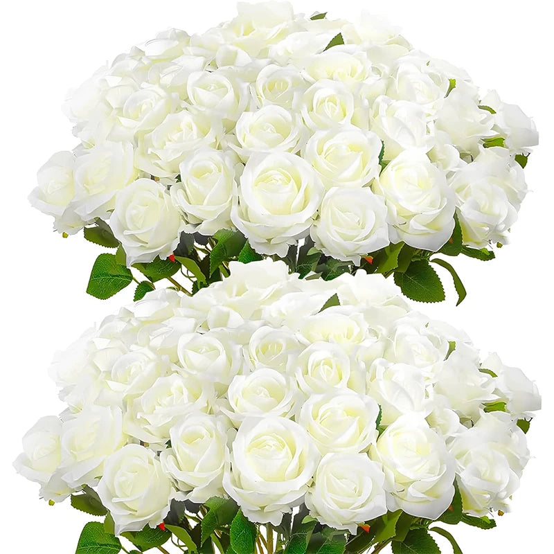 A bouquet of white artificial roses used for weddings and home decor.
