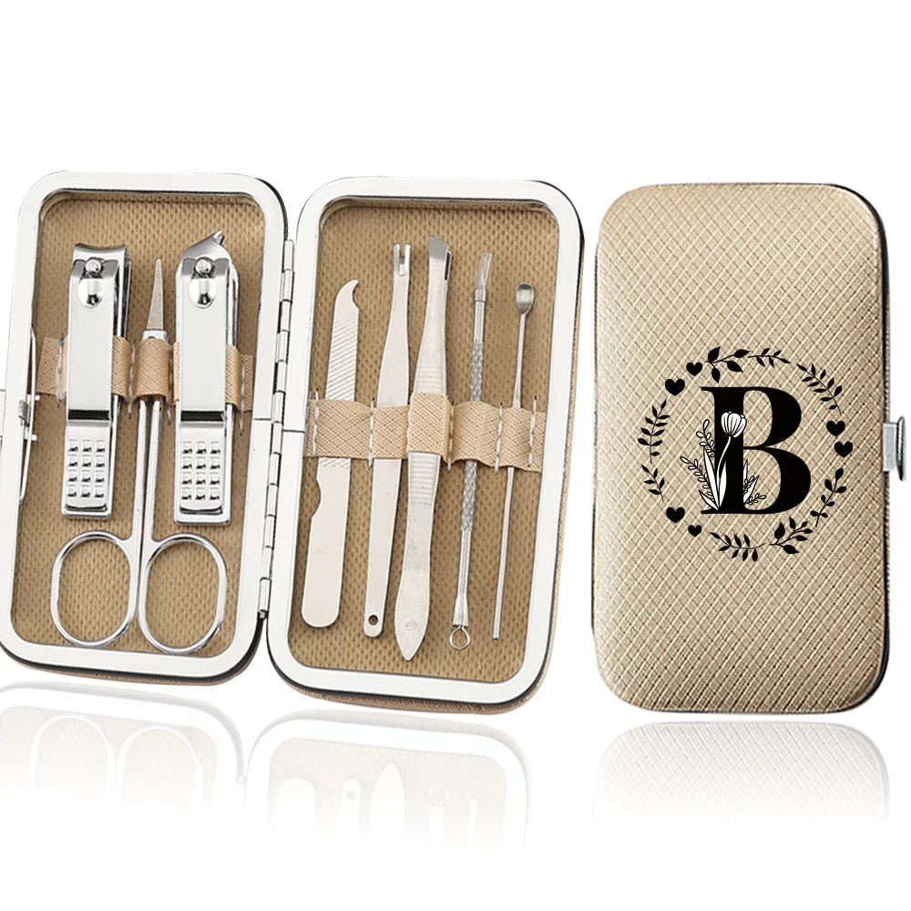 An open leather case displaying an 8-piece stainless steel manicure and pedicure kit with various tools.