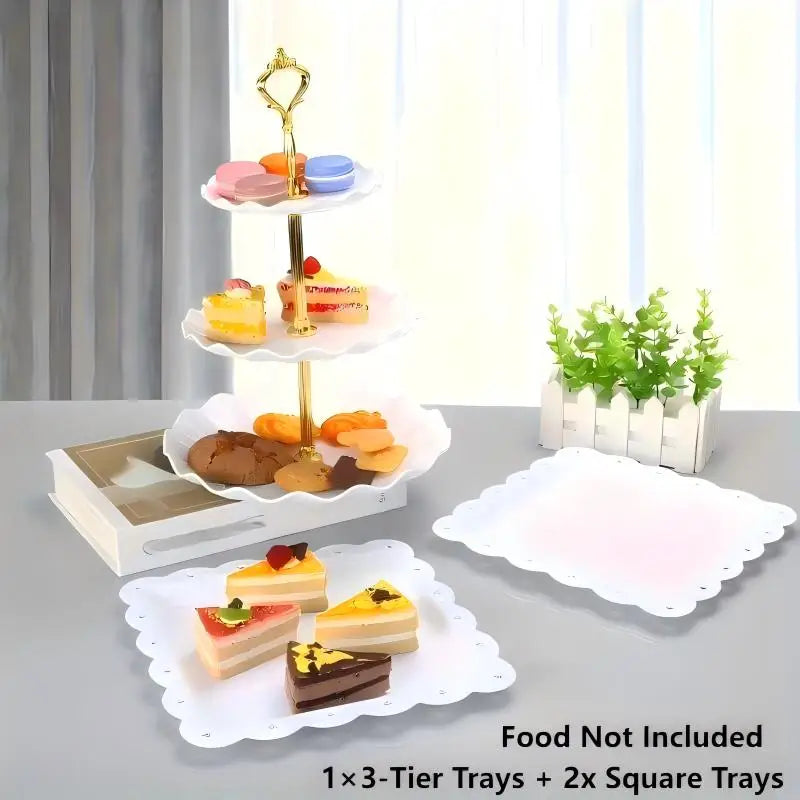 A set of three-tier and square white trays for serving food, including decorative golden stands.