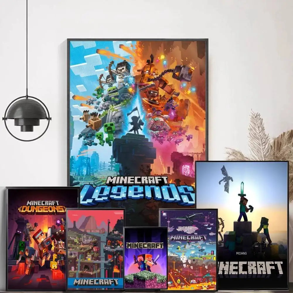 A collection of Minecraft Legends and Minecraft themed wall art posters featuring dynamic scenes and characters.