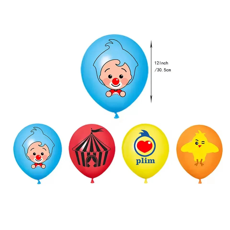 A set of circus theme birthday party decor balloons featuring a clown face, a bird, and a striped tent.