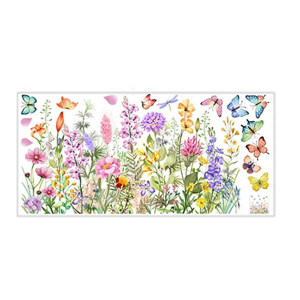 A watercolor illustration of various colorful flowers and butterflies on a white background.