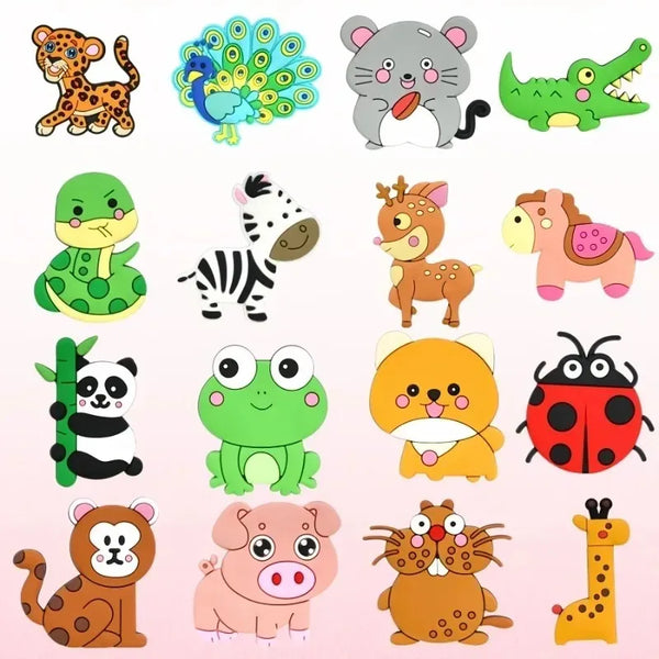 A set of twelve cute animal fridge magnets featuring various soft pastel colored animals like a tiger, monkey, dinosaur, and 