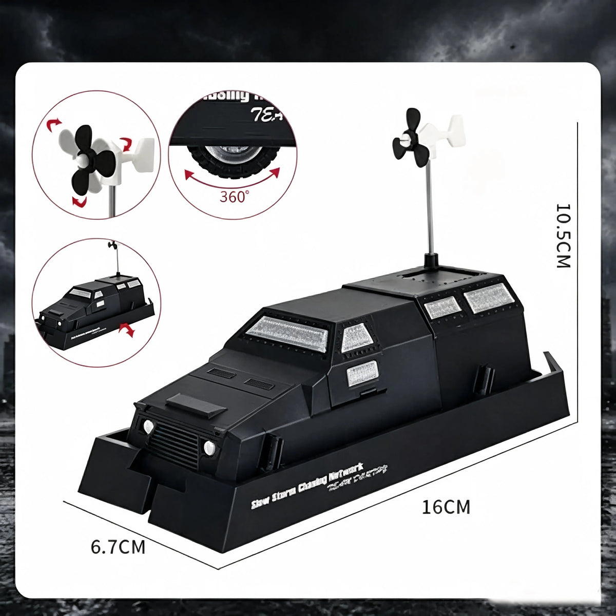 A black Storm Chaser Tornado Interceptor armored car model with a rotating spotlight and antenna.