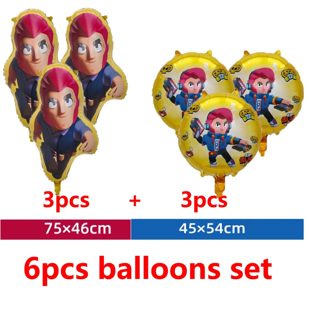 A set of six yellow balloons featuring characters from a show, including three large and three smaller.