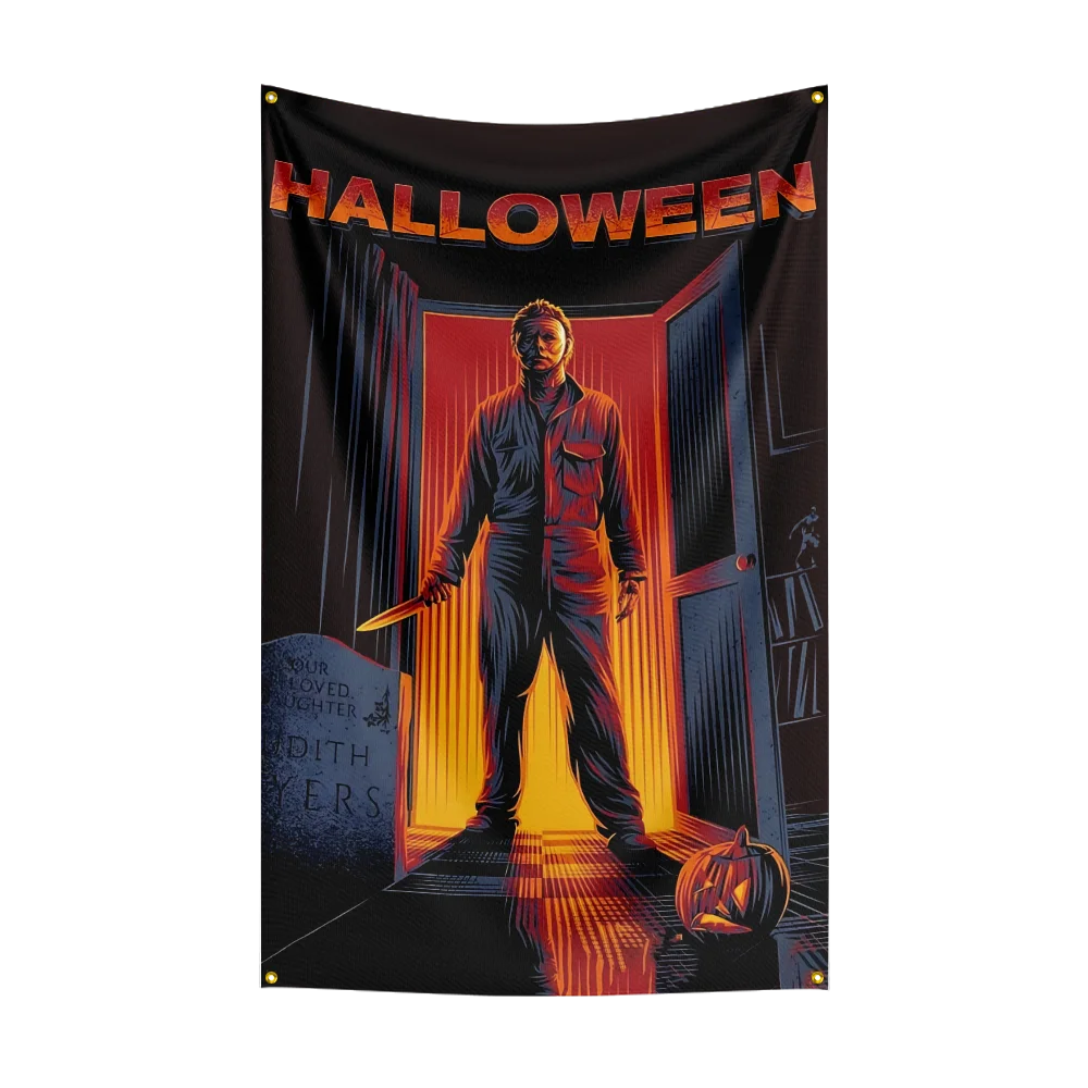 A dark poster featuring a menacing figure in a red shirt standing in a doorway with the text Halloween.