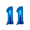 Two shiny blue helium foil number balloons shaped like the number 1