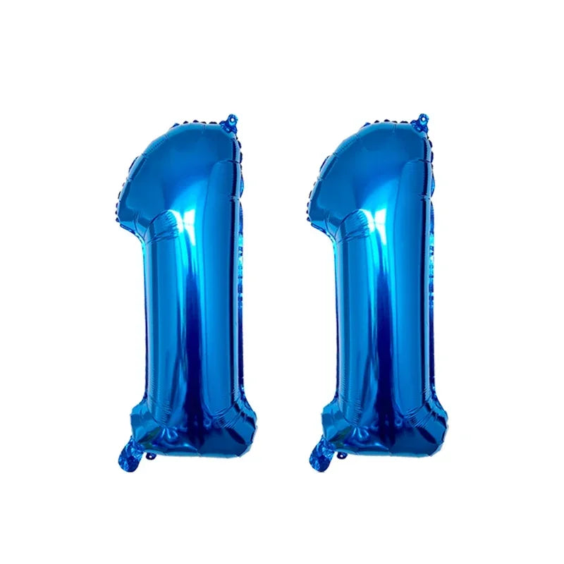 Two shiny blue helium foil number balloons shaped like the number 1