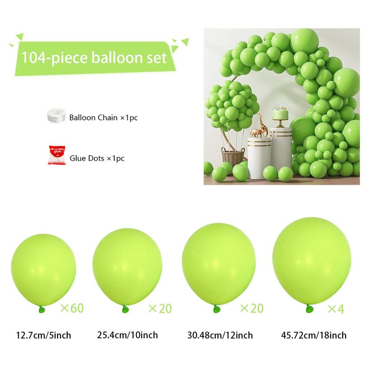 A set of 104 balloons, including a balloon chain and glue dots, used to create a balloon arch for weddings and parties.