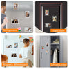 A collection of acrylic magnetic fridge frames for mini photos displayed on a refrigerator door.