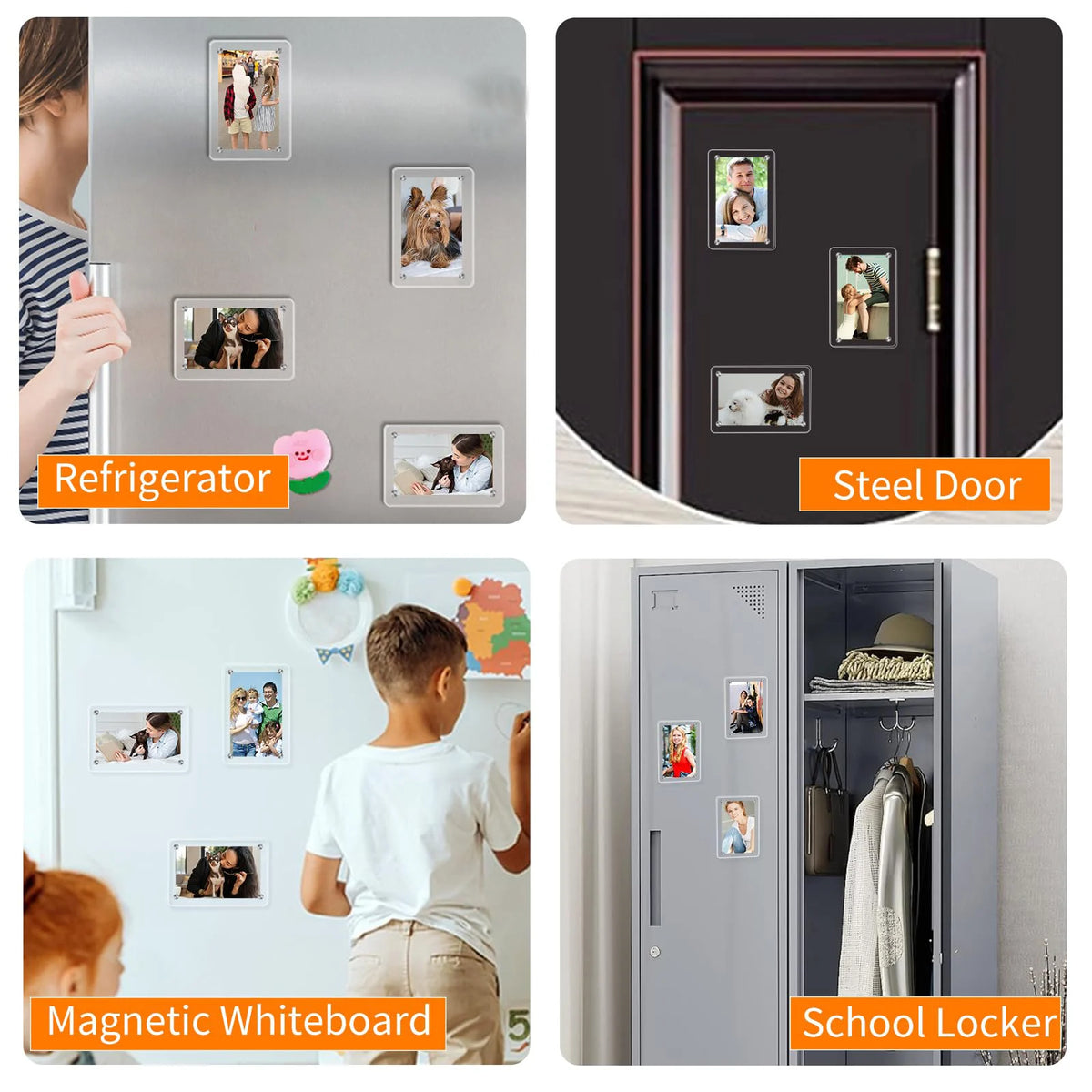 A collection of acrylic magnetic fridge frames for mini photos displayed on a refrigerator door.