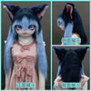 A customizable blue-haired furry cosplay head featuring detachable paws shown from the front and back.