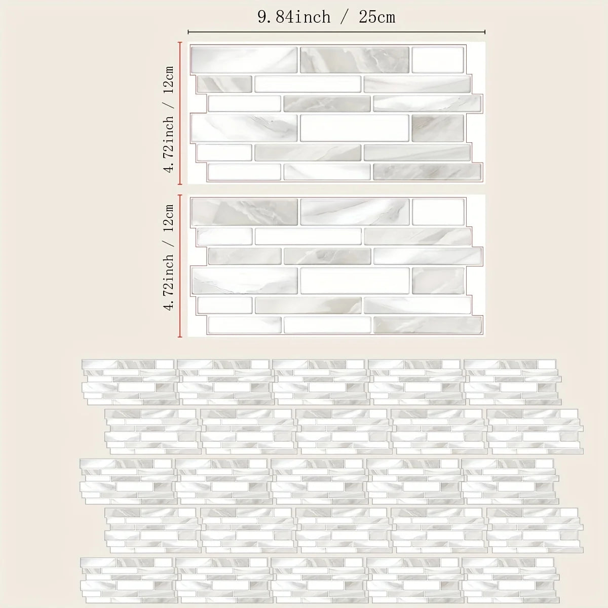 A collection of white marble pattern 3D effect waterproof tile stickers shown in various rectangular layouts.