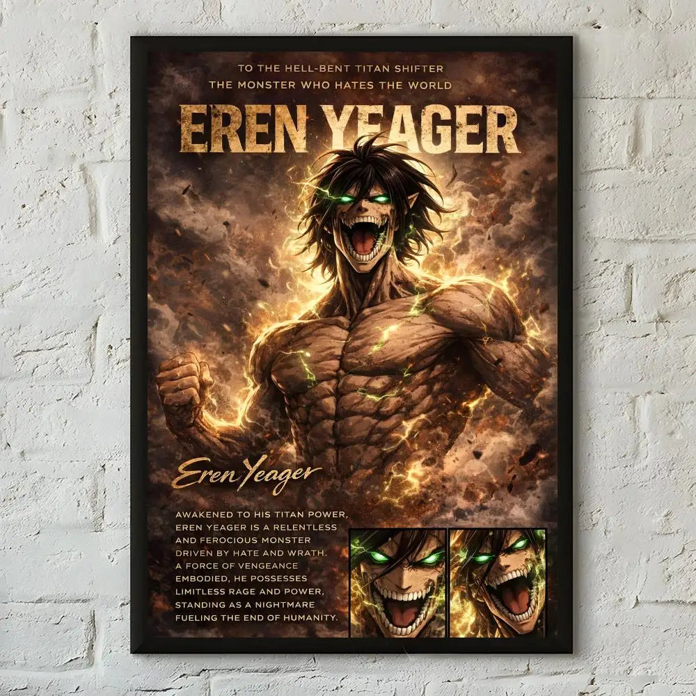 A dark, intense poster featuring Eren Yeager with glowing eyes and a fierce expression against a fiery background.