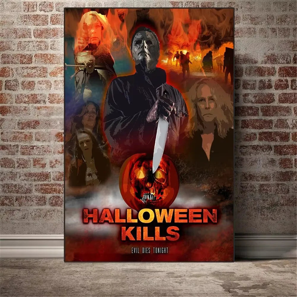 Wall art featuring a dark, intense scene with figures and a Halloween kills title.
