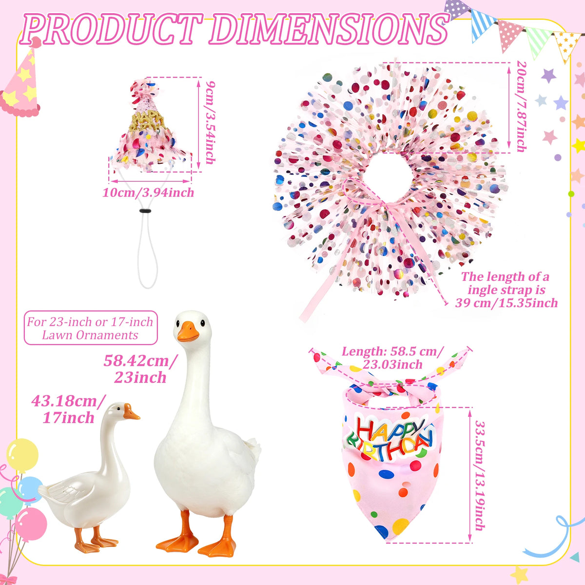 A set of decorative white goose ornaments and a pink birthday balloon