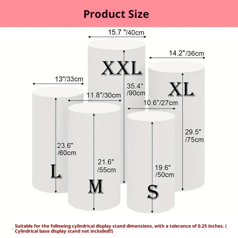 A display showing various sizes of white cylindrical stand covers labeled XXL, XL, L, M, and S.