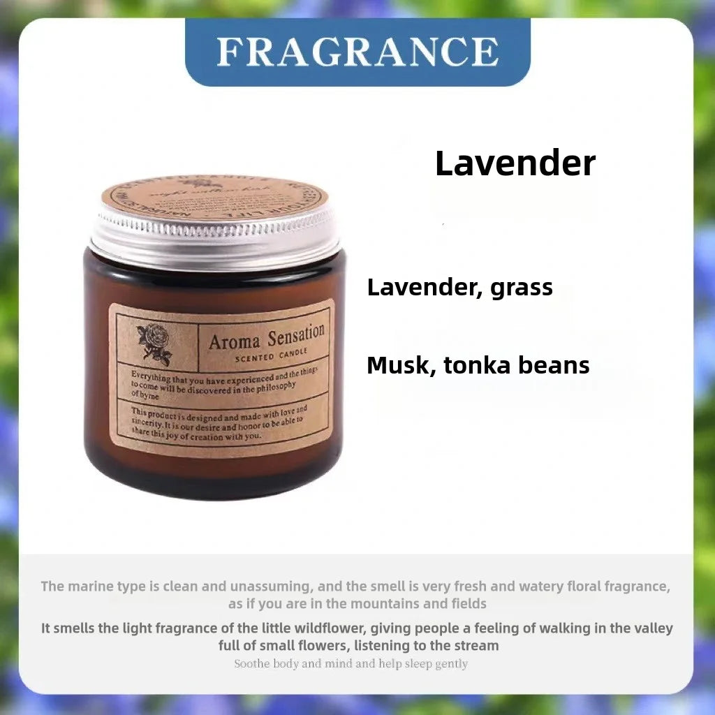 A jar of Lavender scented candle with a cork lid and a label detailing the fragrance notes.