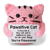 Pink crocheted cat doll with black stripes and an inspirational card that says You're Pawsome