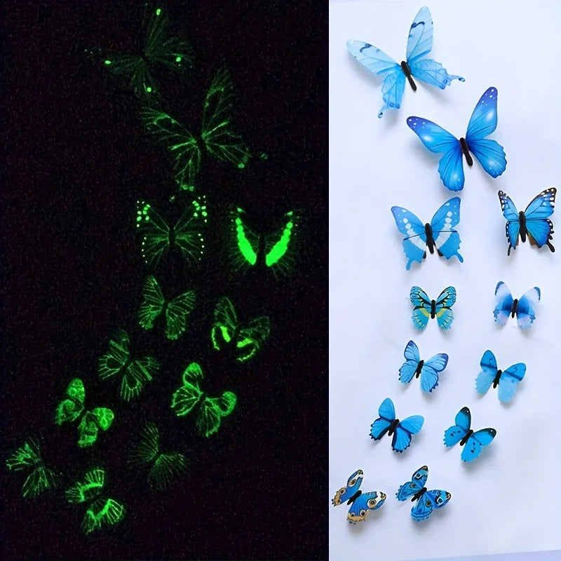 A collection of twelve luminous blue and black butterfly stickers displayed against a white background.