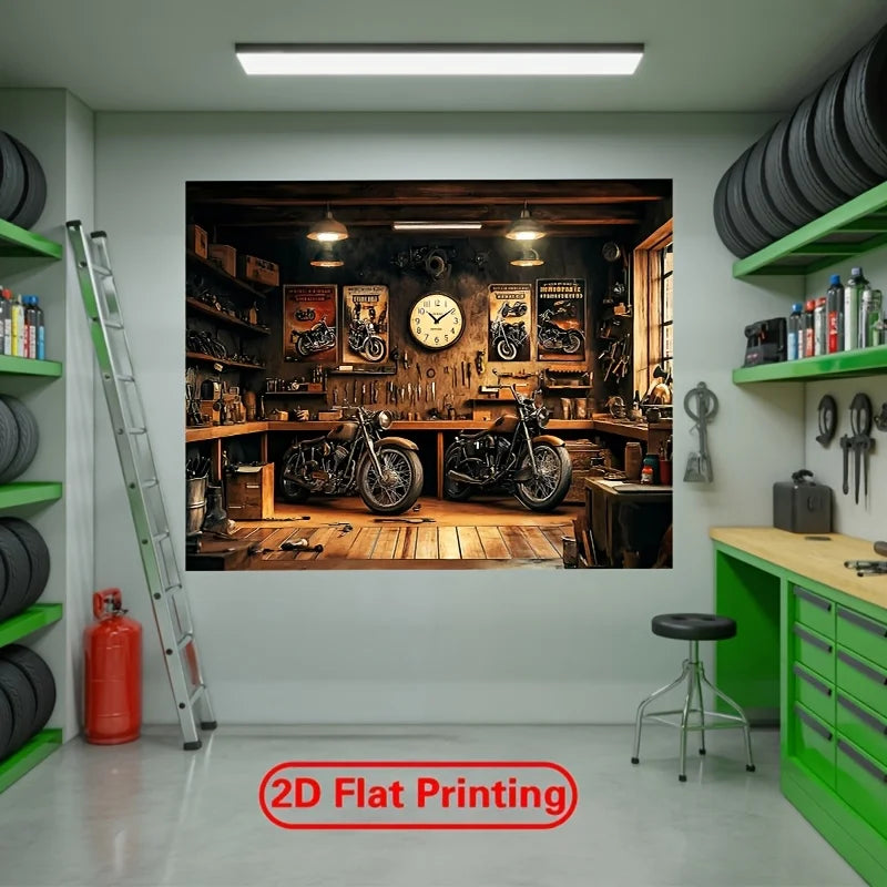 A flat banner featuring a detailed scene of a retro motorcycle garage with tools and bikes.