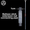 A clear plastic balloon stick extension rod connecting pipe with a stand for balloons.