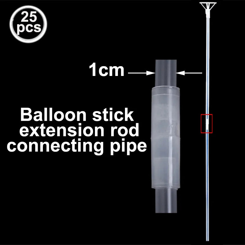 A clear plastic balloon stick extension rod connecting pipe with a stand for balloons.