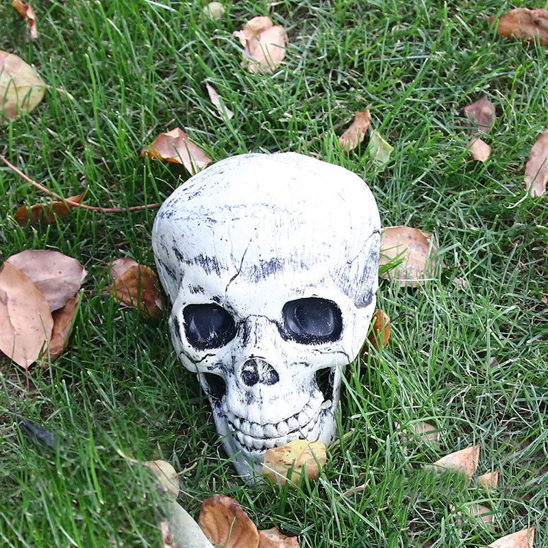 A white realistic human skull is placed in green grass among fallen autumn leaves.