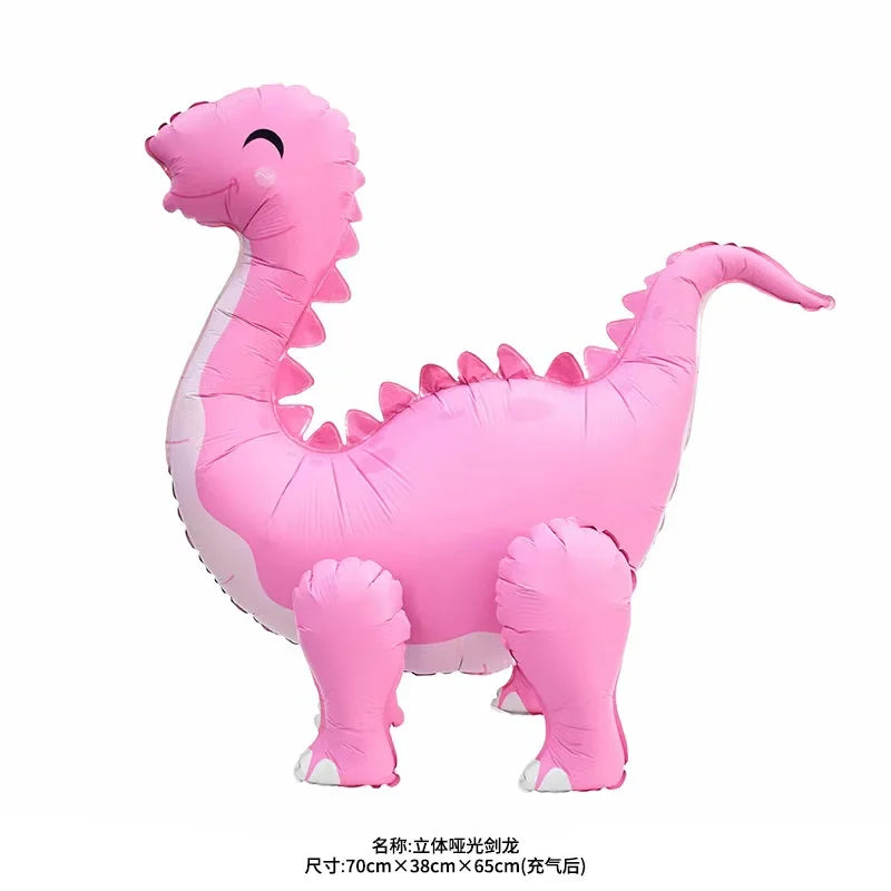 Pink inflatable dinosaur balloon decoration with a light pink body and white trim.