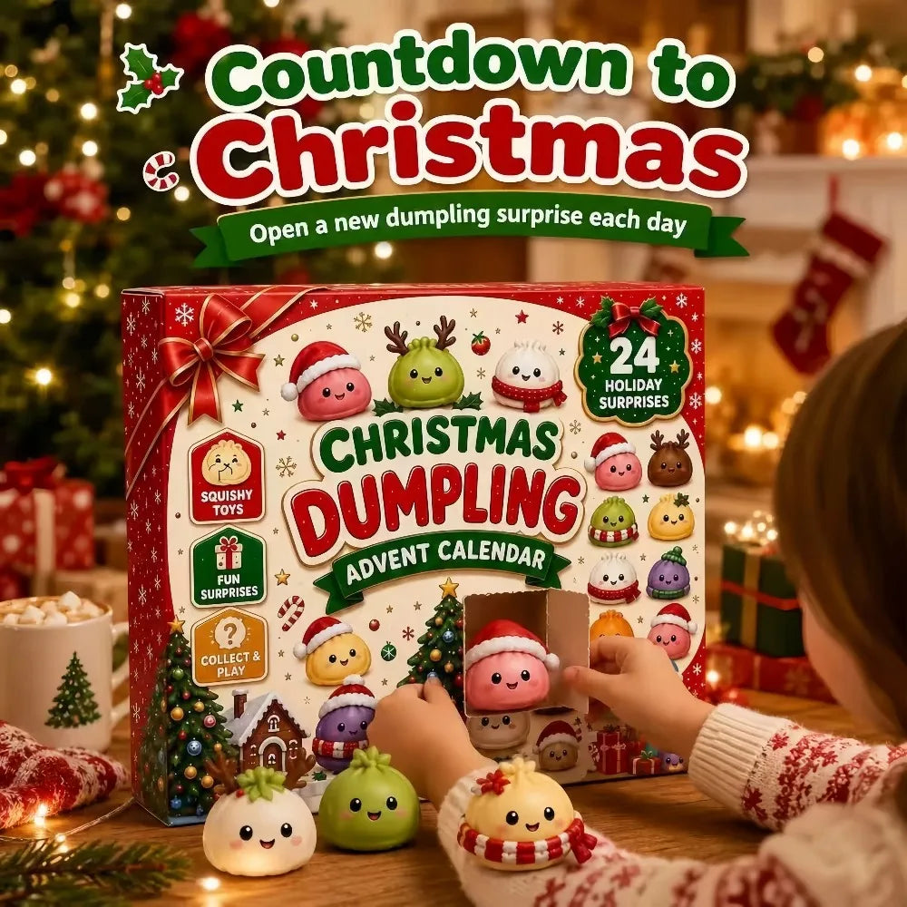 A child opens a Christmas dumpling surprise from an advent calendar featuring squishy toys and holiday themes.