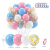 A bundle of 50 latex balloons in pastel purple, blue, and pink with gold confetti decorations.