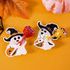 A set of pumpkin ghost pattern lollipop holder cards with various colored lollipops displayed on an orange background.
