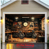A flat banner depicting a vintage motorcycle garage interior with wooden floors and motorcycles on display.